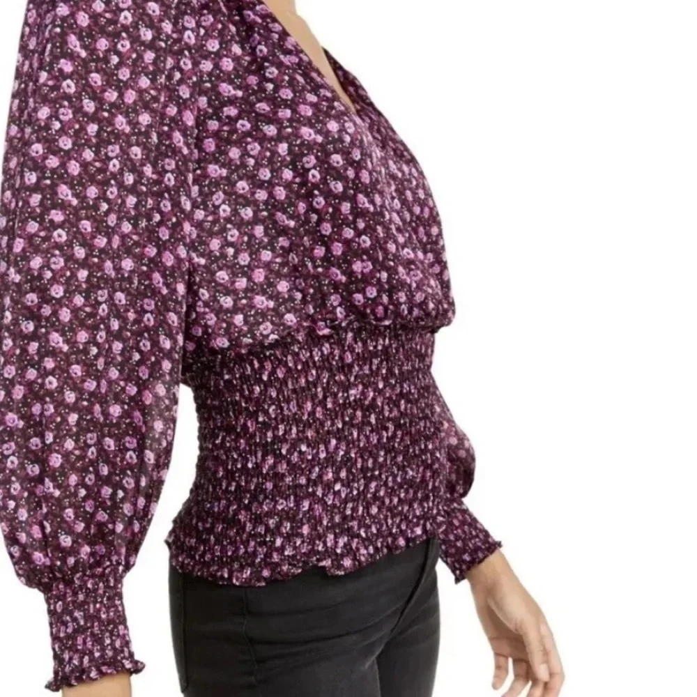 Leyden Women's Smocked Black And Purple Floral Blouse